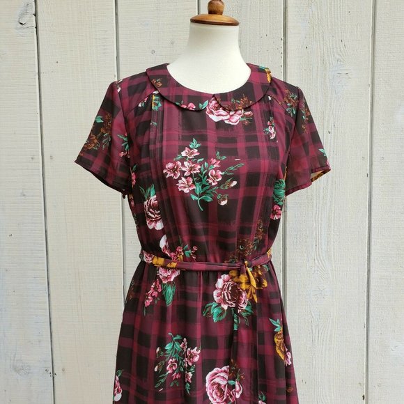 Modcloth Vintage Style Floral Check Dress Size L - Picture 5 of 6